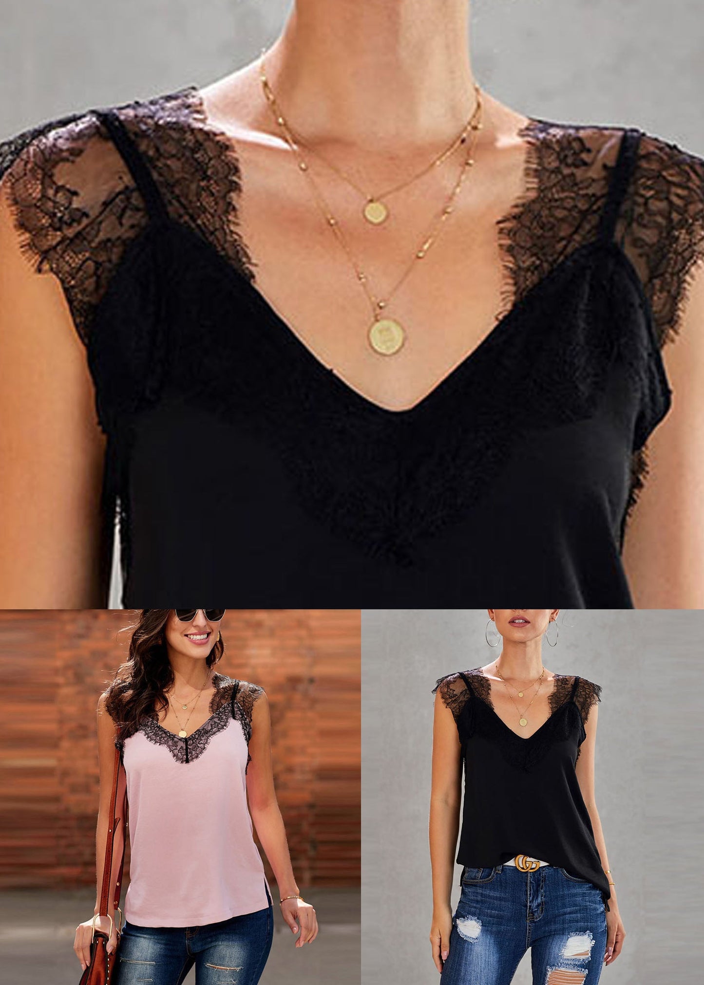 Black Lace Patchwork Vests Summer