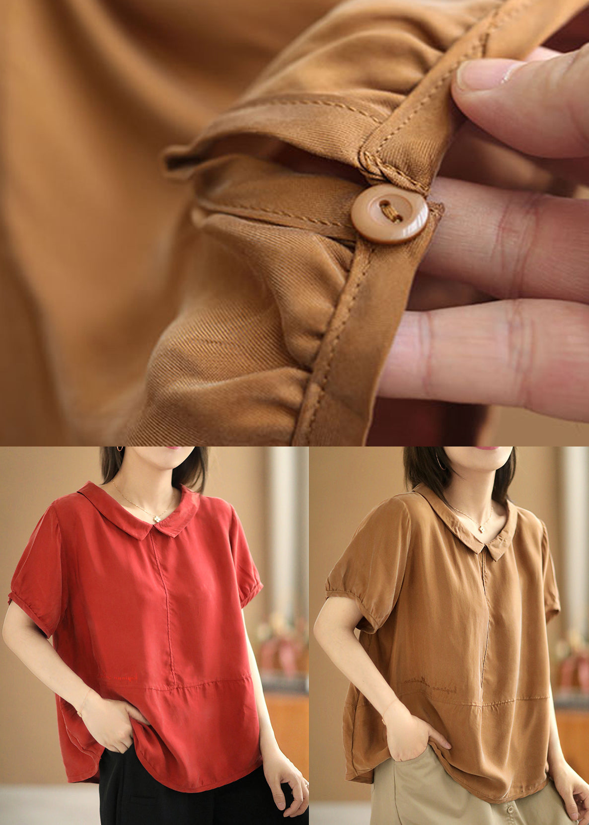Loose Caramel Peter Pan Collar Silk Cotton Tops Summer