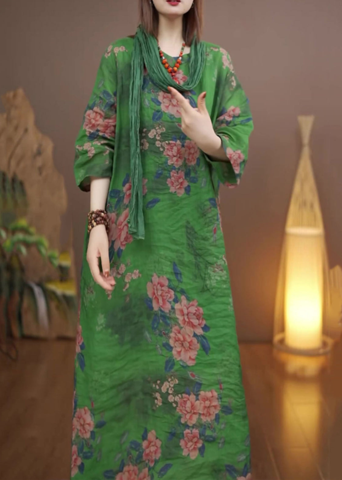 Green O-neck Print Long Dress Fall