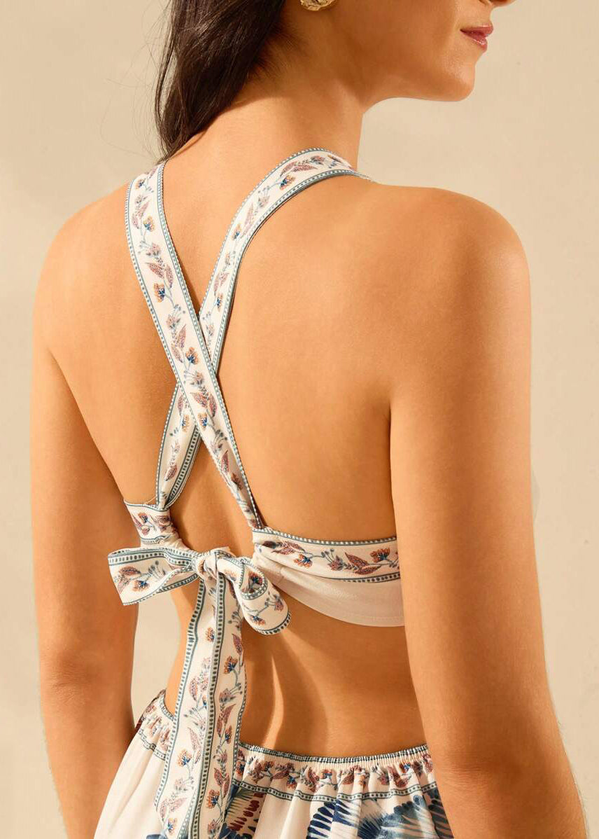 French Backless Lace Up Print Cotton Mid Dress Summer