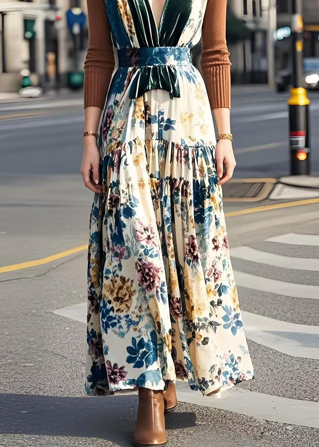 V Neck Patchwork Print Silk Velvet Long Dress Fall