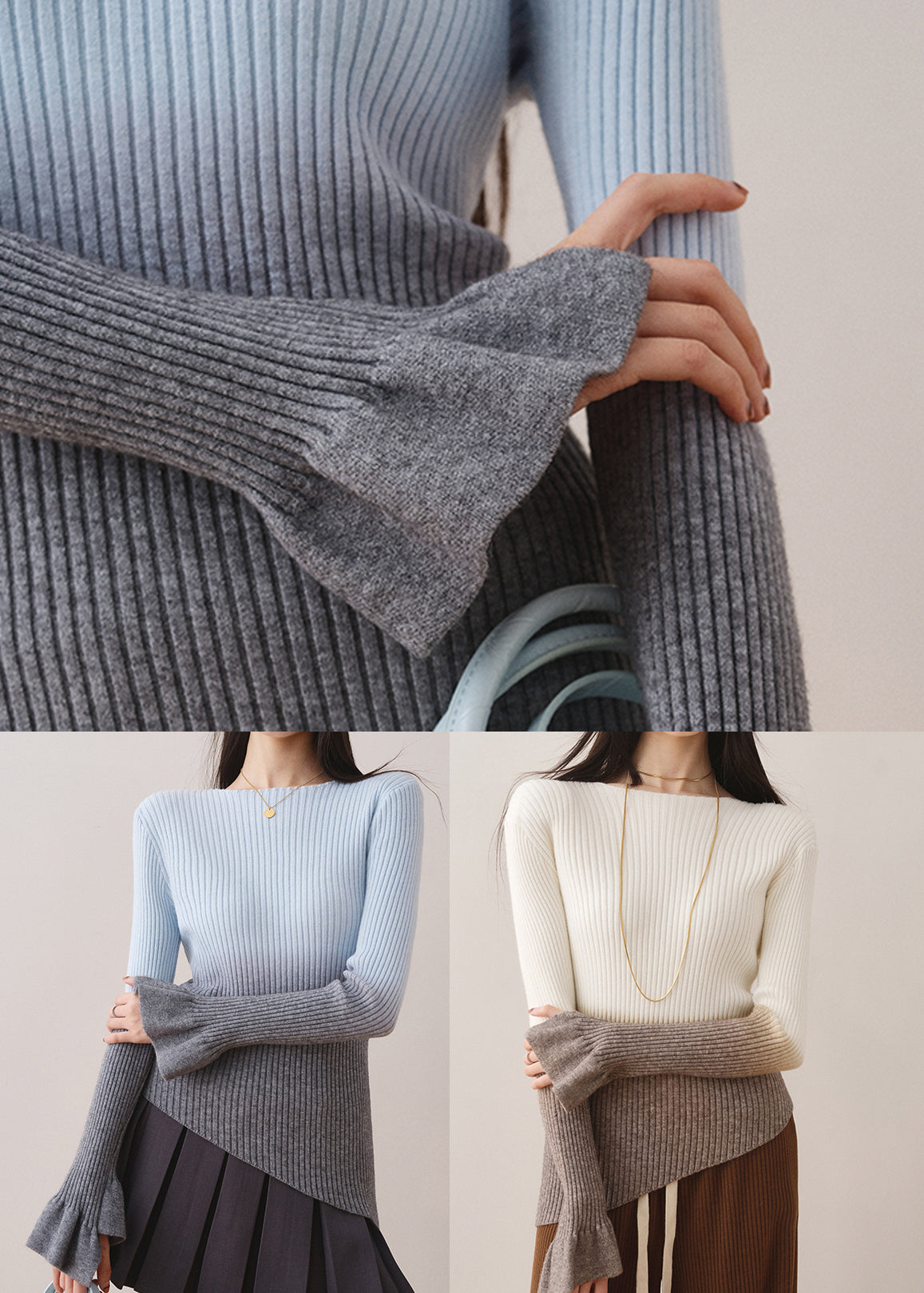 White Gradient Slash Neck Slim Knit Sweaters Fall