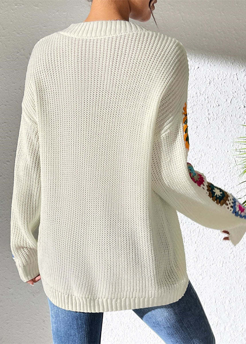 New White V Neck Hollow Ou Embroidered Knit Pullover Spring