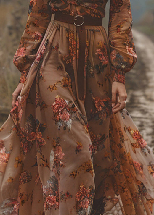 Caramel V Neck Print Exra Large Hem Chiffon Dress Fall