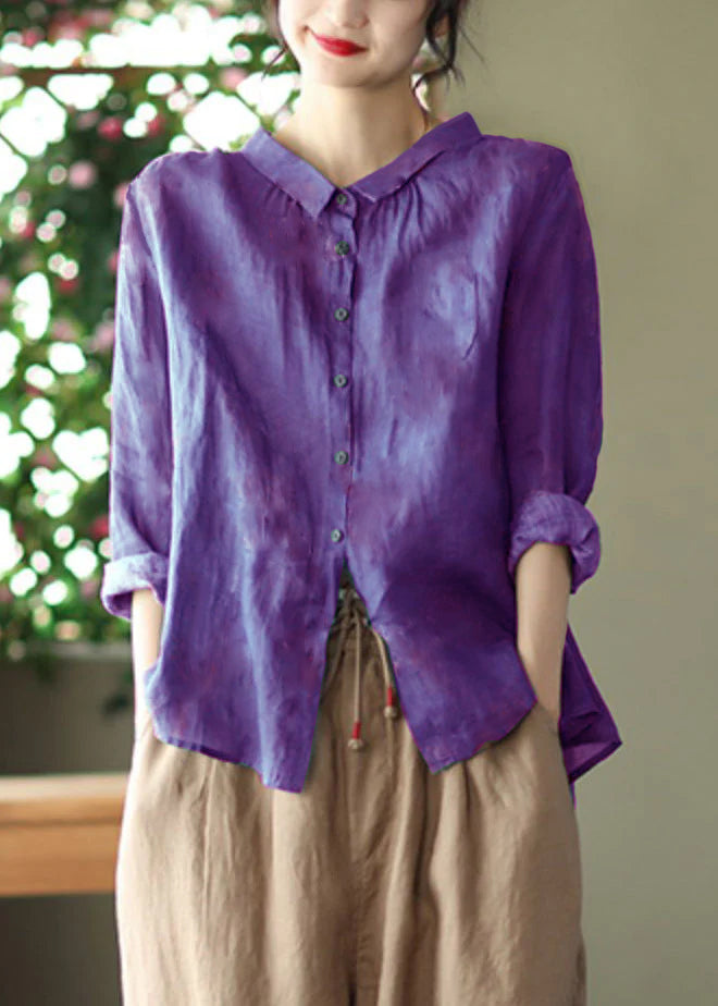 Retro Peacock Green-dark Pattern Peter Pan Collar Print Button Wrinkled Shirts Long Sleeve