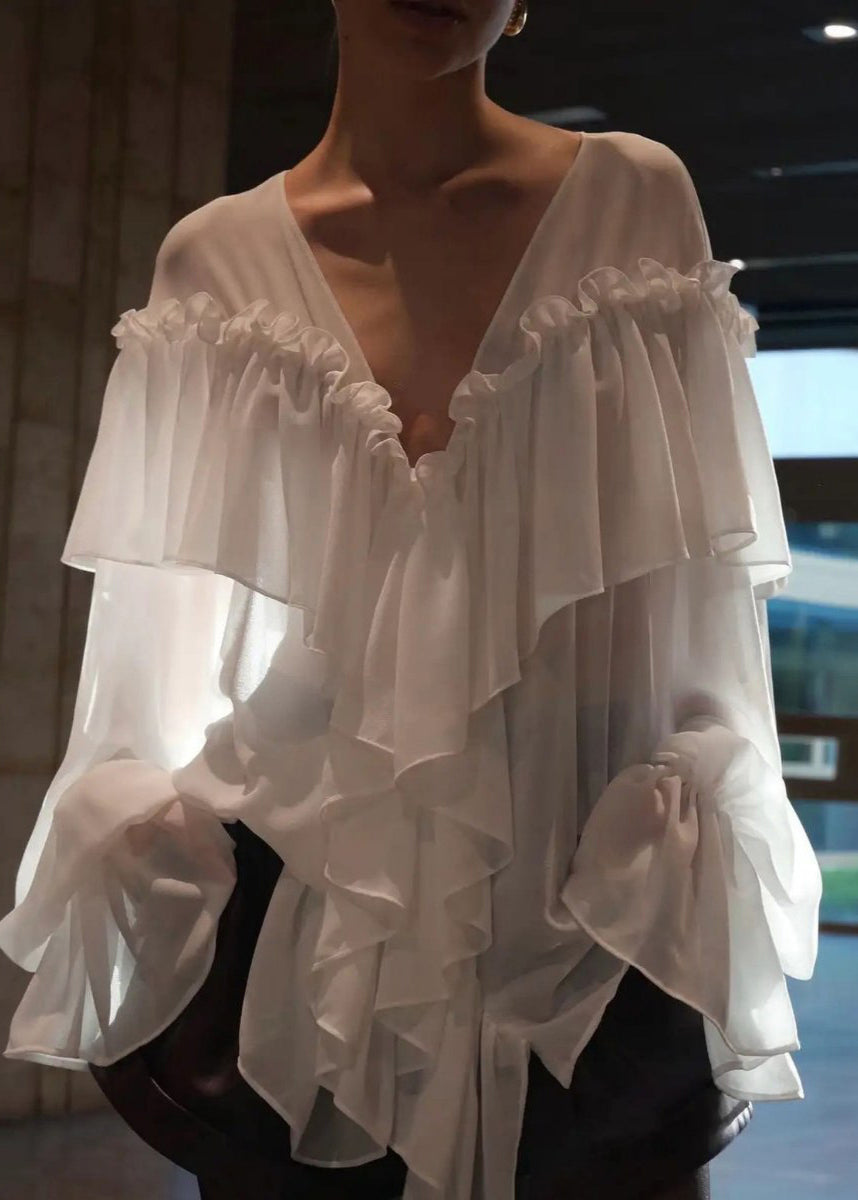 White V Neck Ruffled Patchwork Chiffon Shirt Flare Sleeve