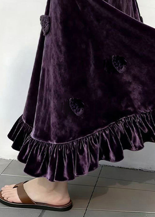 Slim Fit Purple Ruffled High Waist Silk Velvet Skirt Winter