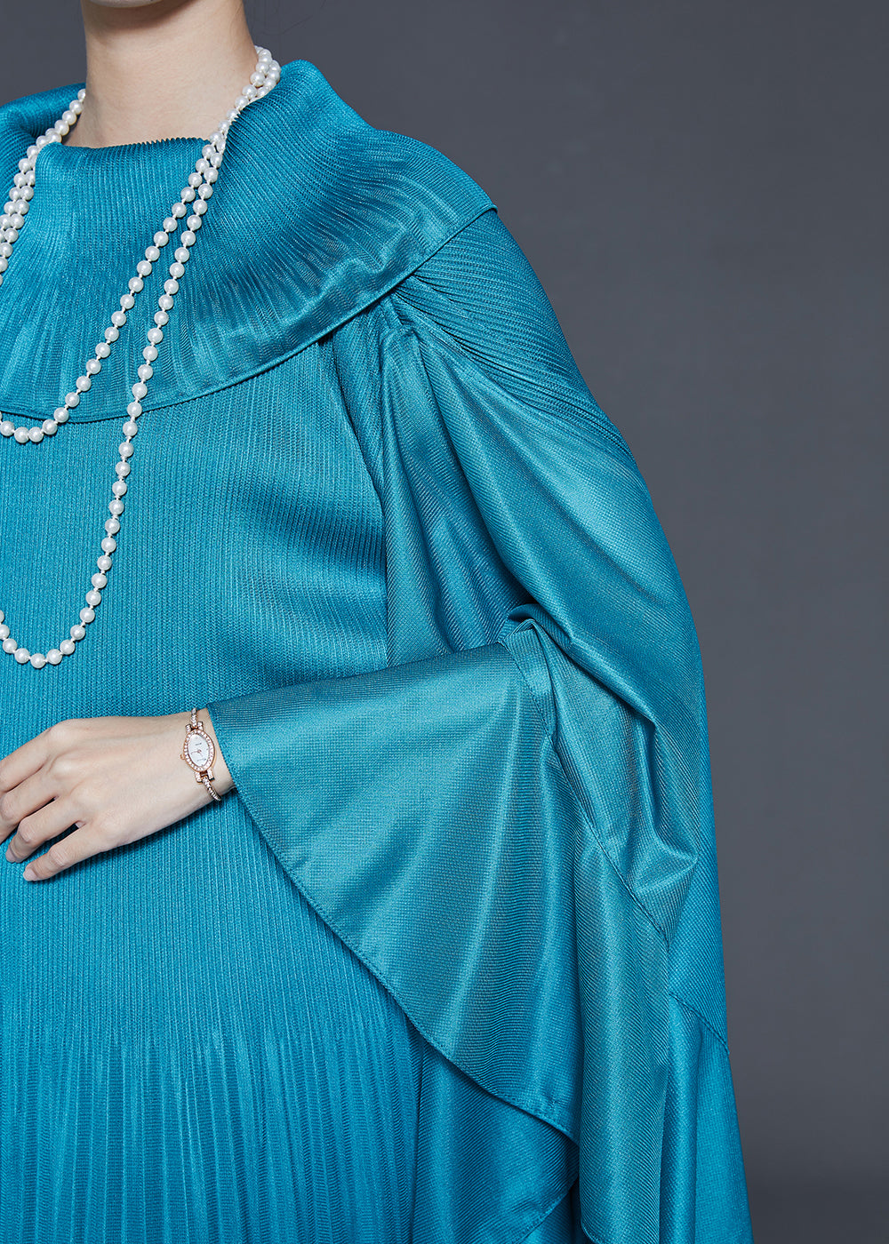 French Peacock Blue Ruffled Patchwork Wrinkled Silk Maxi Dresses Fall