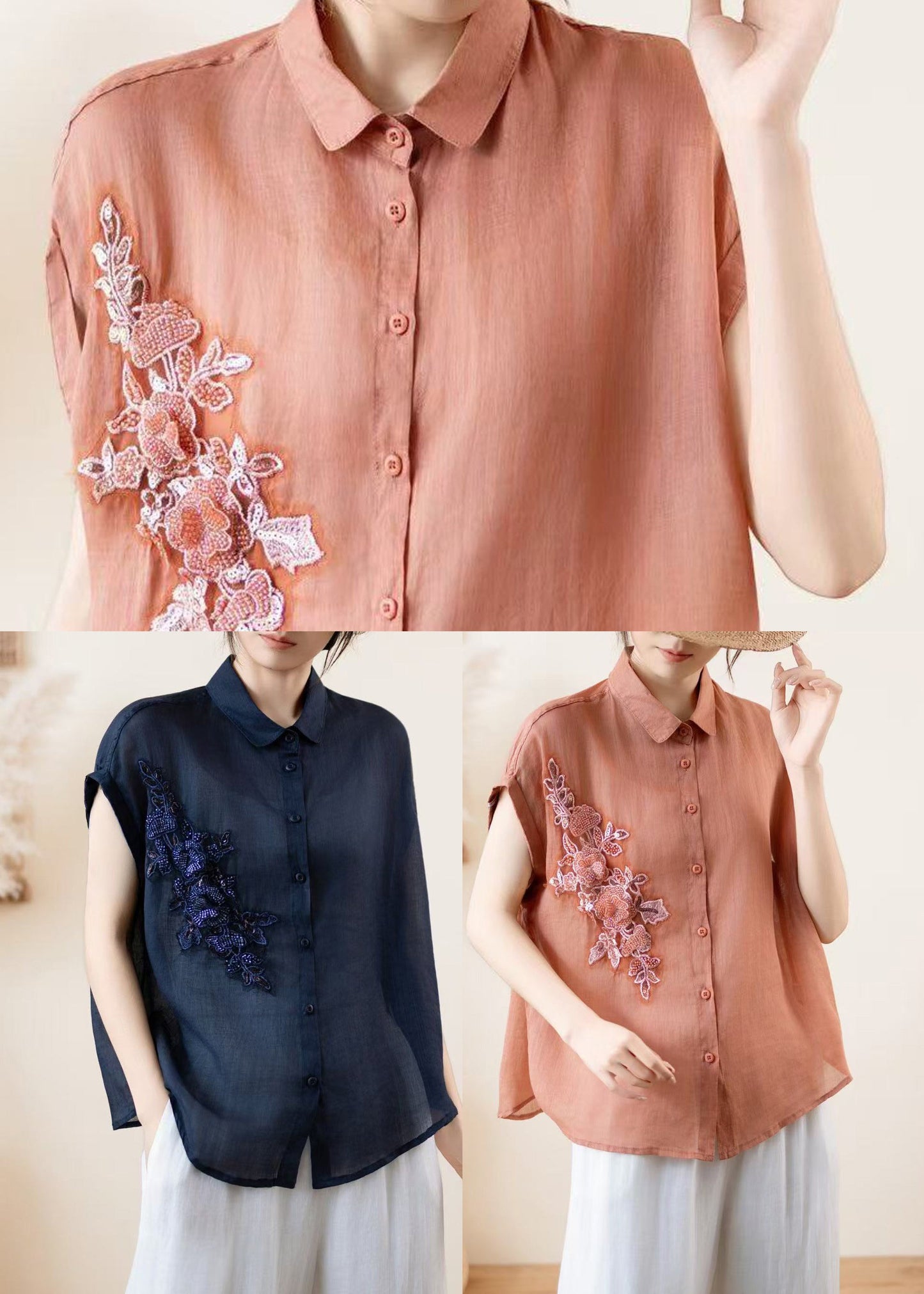 Navy Embroidered Linen Shirt Top Summer