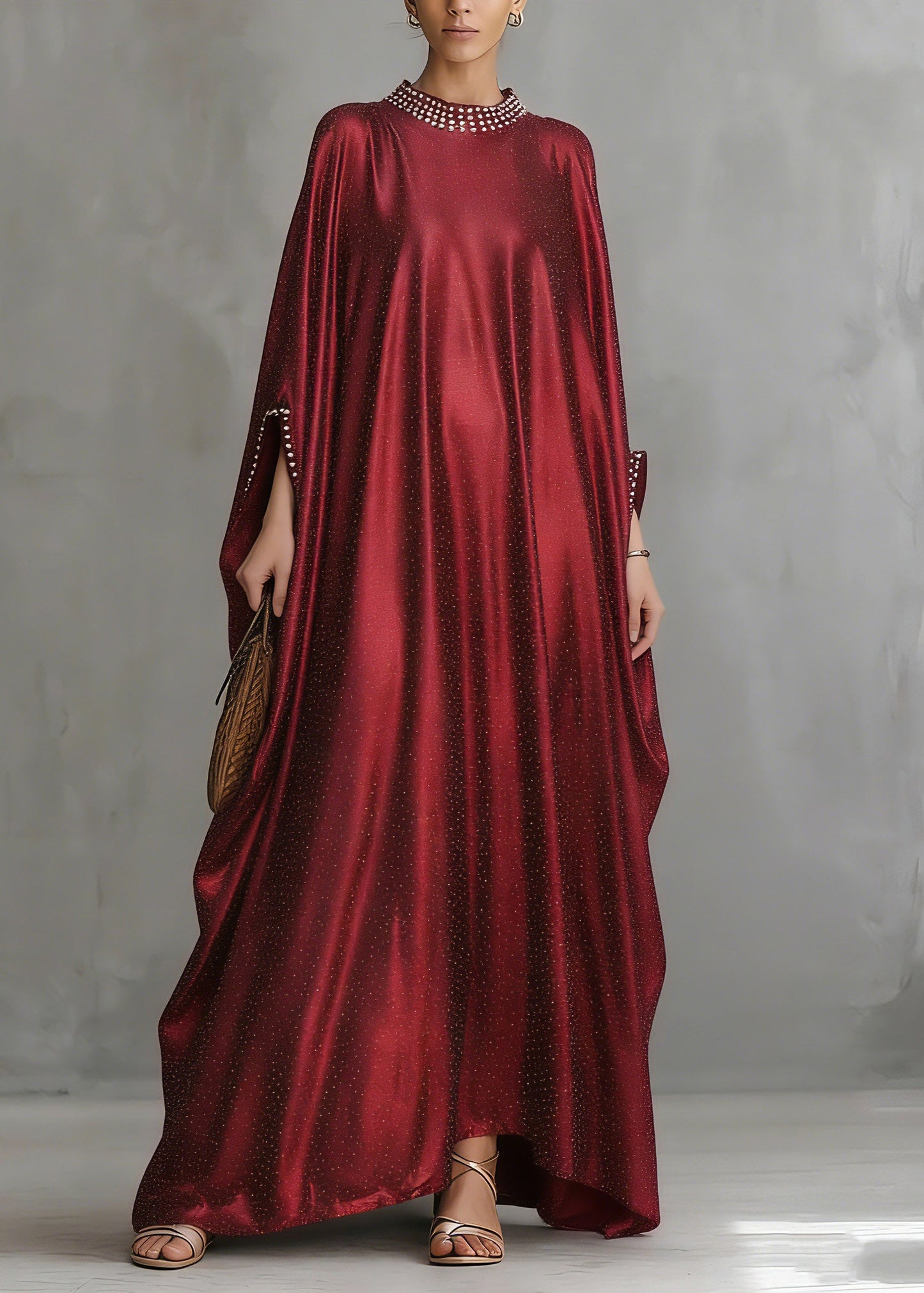 Red Patchwork Silk Maxi Dress Flare Sleeve