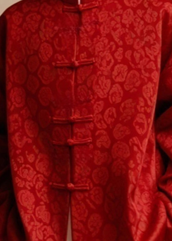 Jacquard Red Stand Collar Button Silk Cotton Fall Coats
