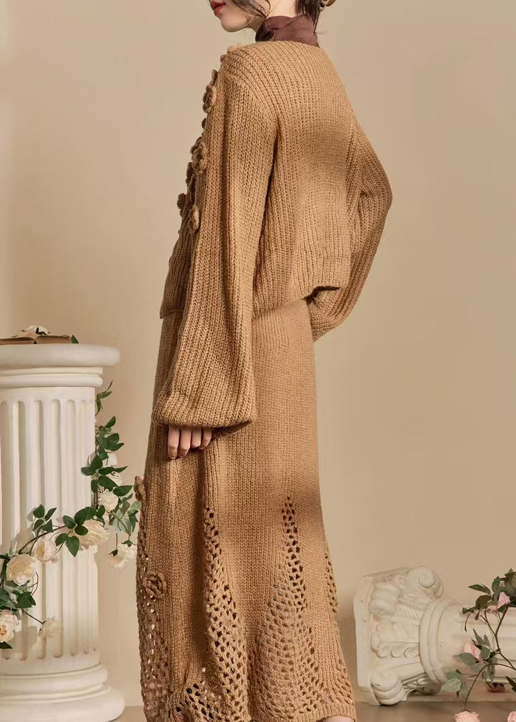 Dark Khaki Lace Up Hollow Out Knit Two Piece Set Spring
