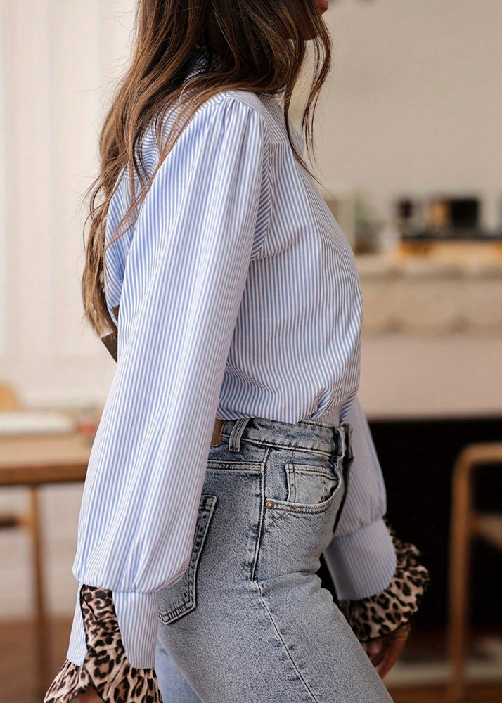 Blue Peter Pan Collar Striped Patchwork Cotton Blouse Top Spring