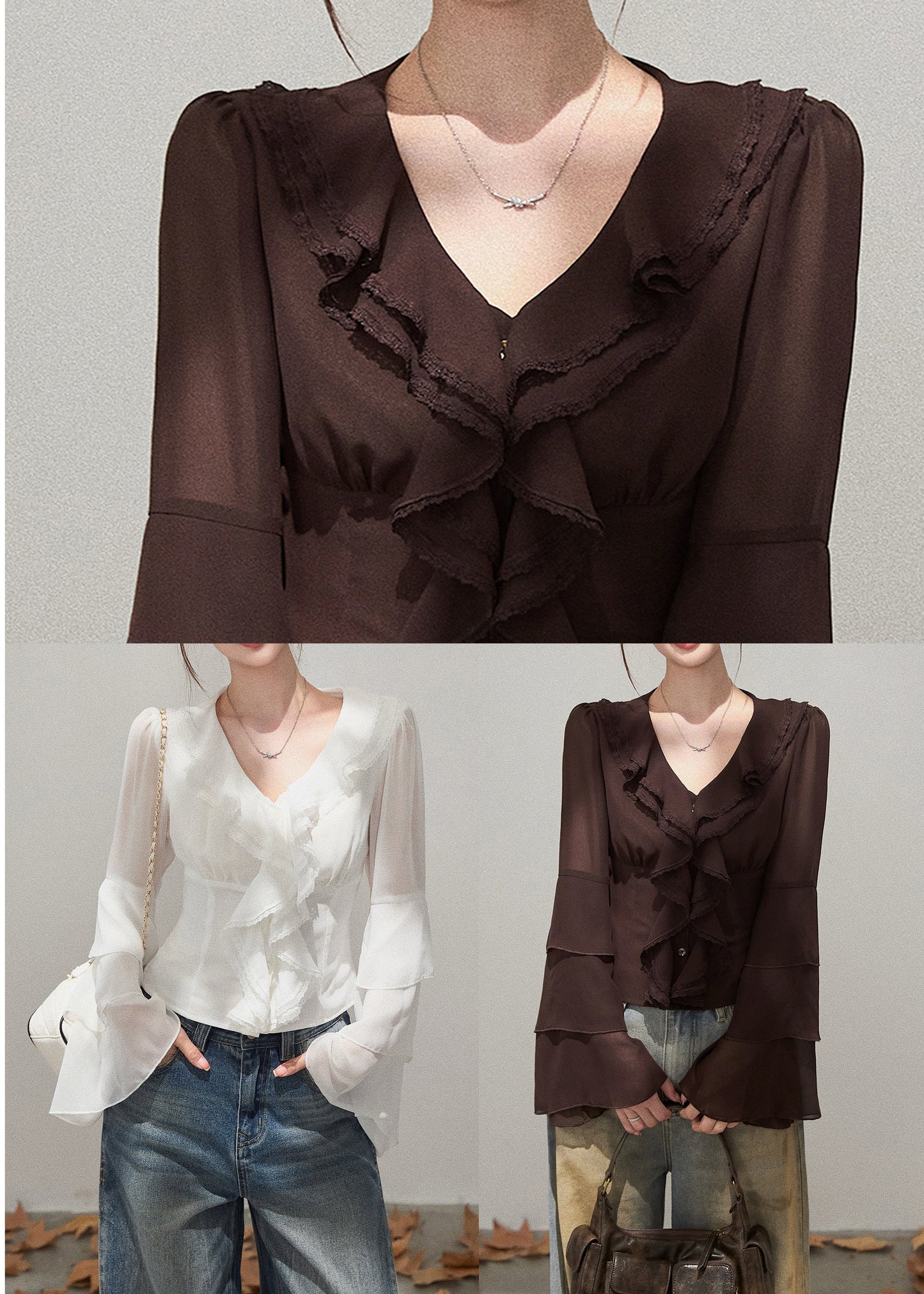 French White Ruffled Chiffon Tops Flare Sleeve