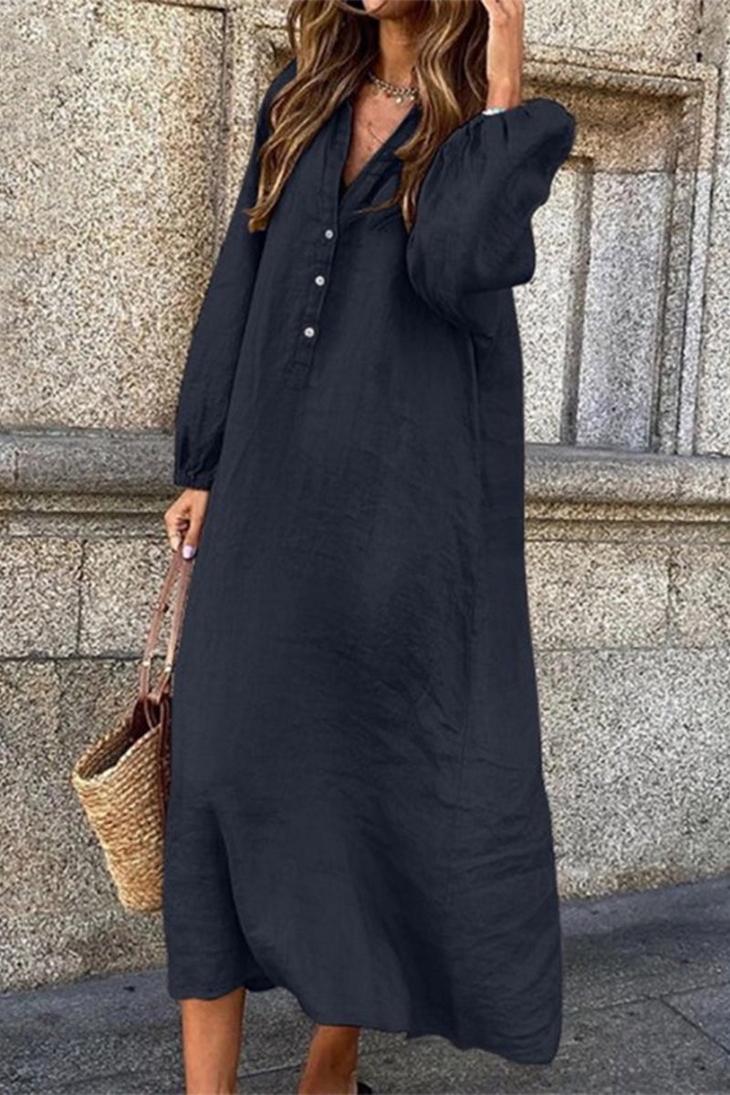 Buttons V Neck Long Sleeve Dresses