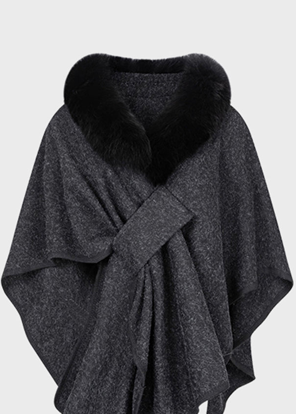 Dark Grey Fur Collar Coats Batwing Sleeve