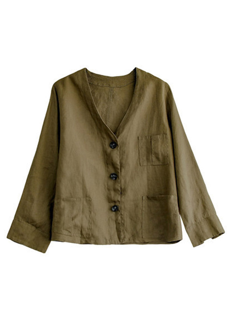 Chocolate V Neck Patchwork Button Linen Shirt Long Sleev