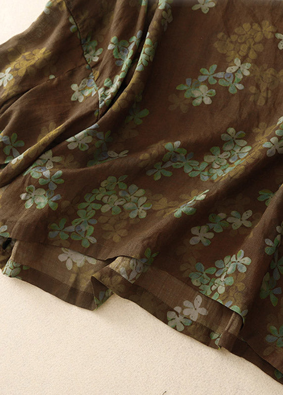 Handmade Coffee O-neck Print Top Lantern Sleeve