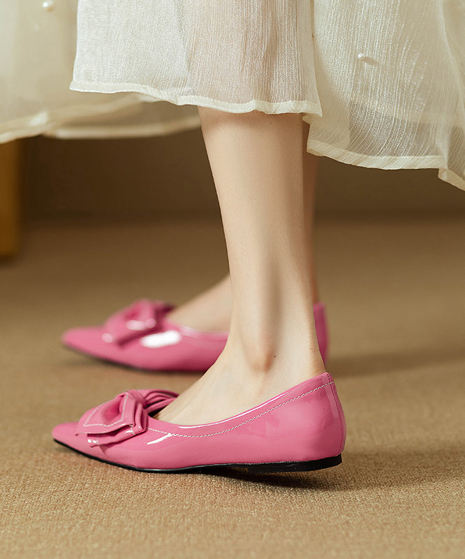 Splicing Bow Flat Shoes Rose Faux Leather Pointed Toe