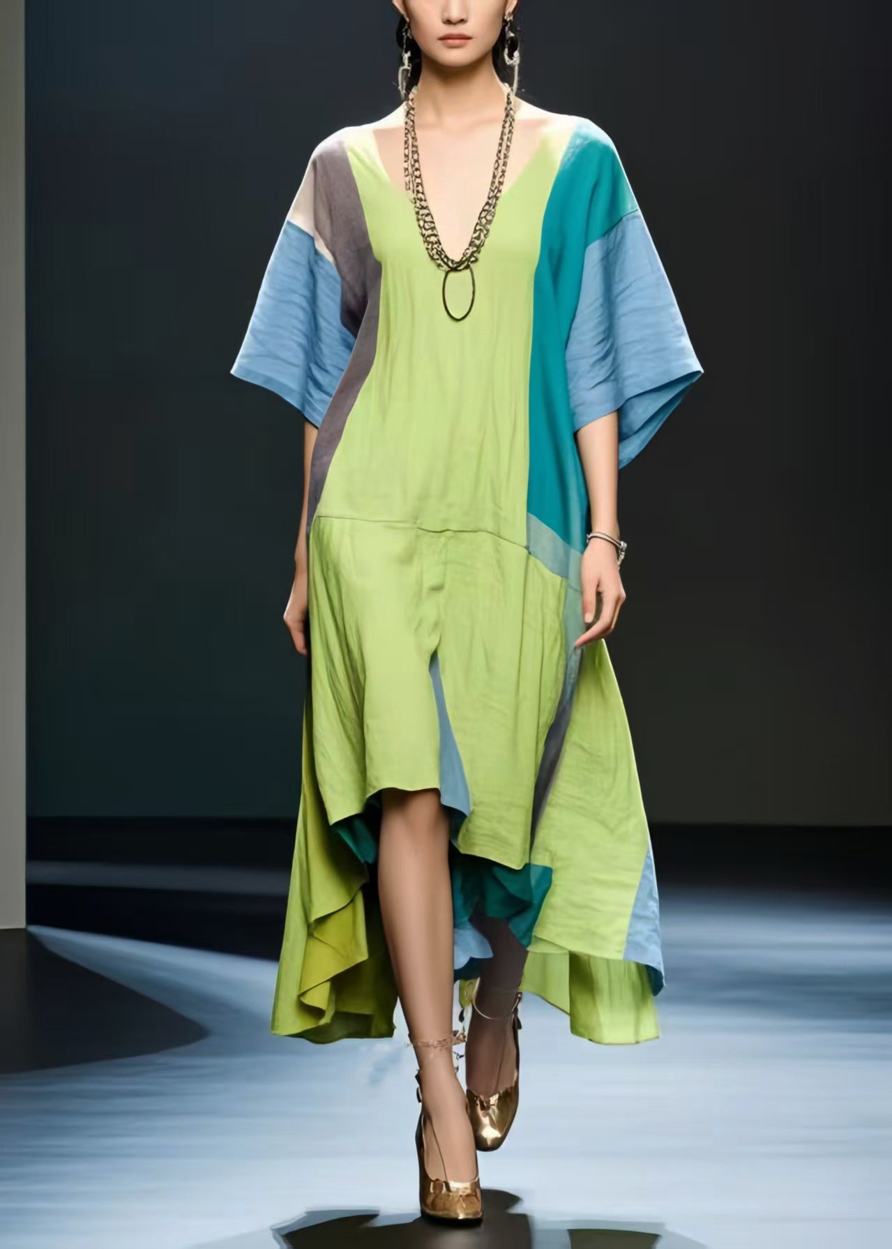 Grass Green Oversized Patchwork Cotton Maxi Dress Summer
