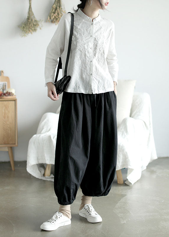 White Stand Collar Button Embroidered Shirt Top Long Sleeve