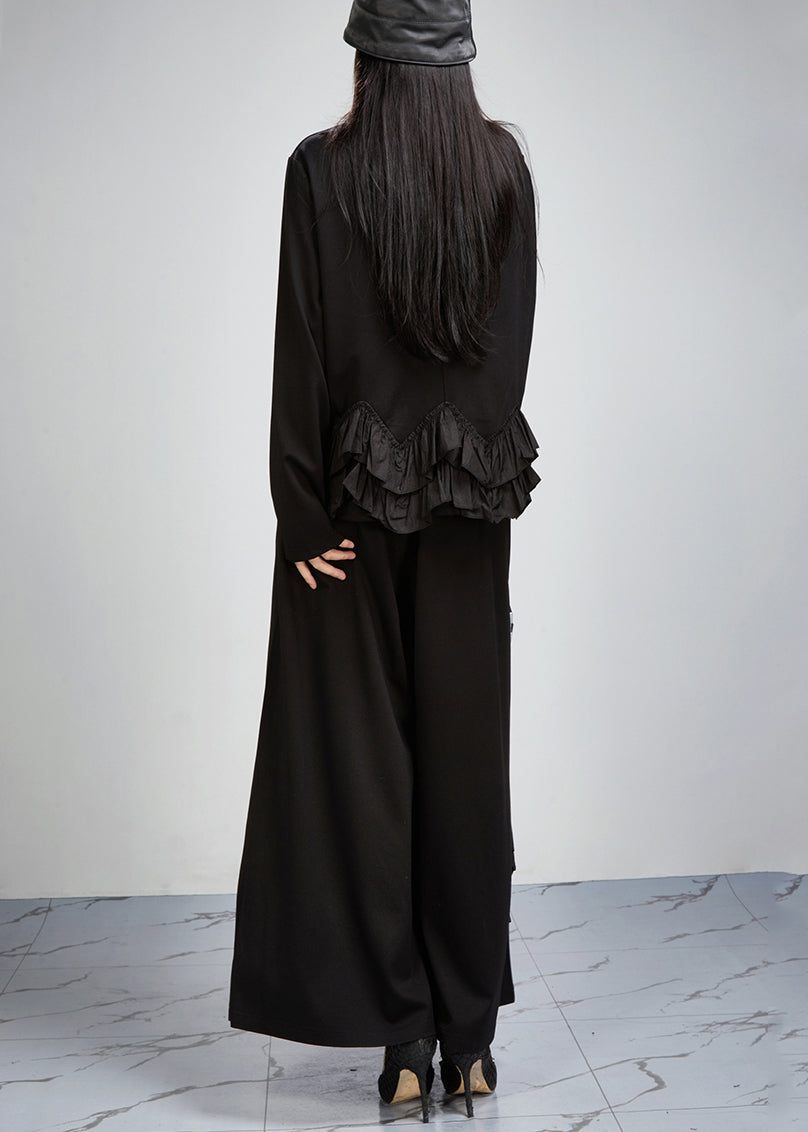 French Black Ruffled Patchwork Tops and Wide Leg Pants Cotton Two Pieces Set Fall