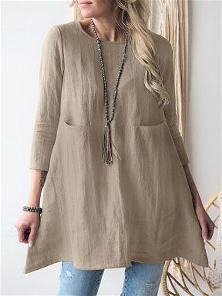 New Color Loose Waist Round Neck Seven-quarter Sleeve Cotton and Linen and Comfortable Dresses