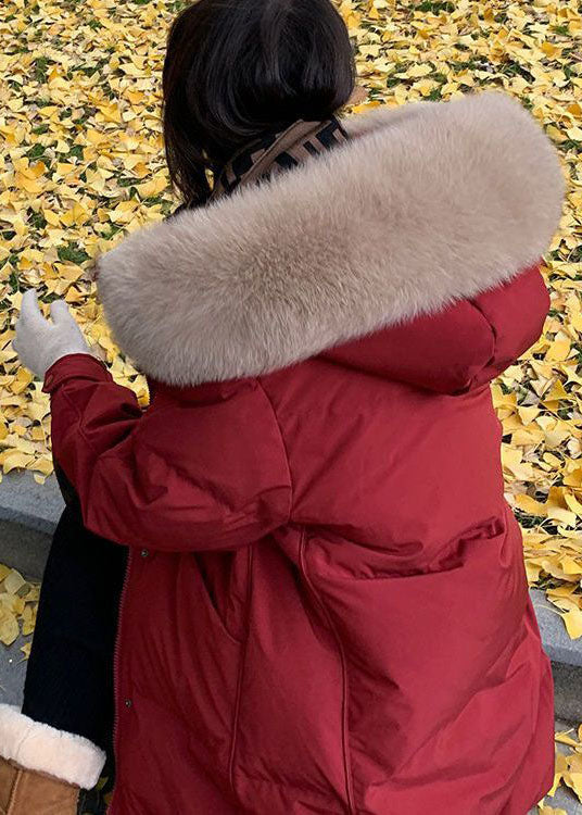 Classy Red Hooded Fur Collar Thick Duck Down Jacket in Winter