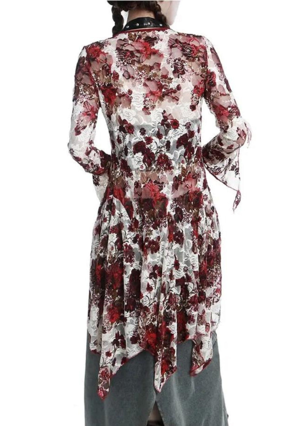 Red Asymmetrical Lace Up Tulle Shirt Flare Sleeve