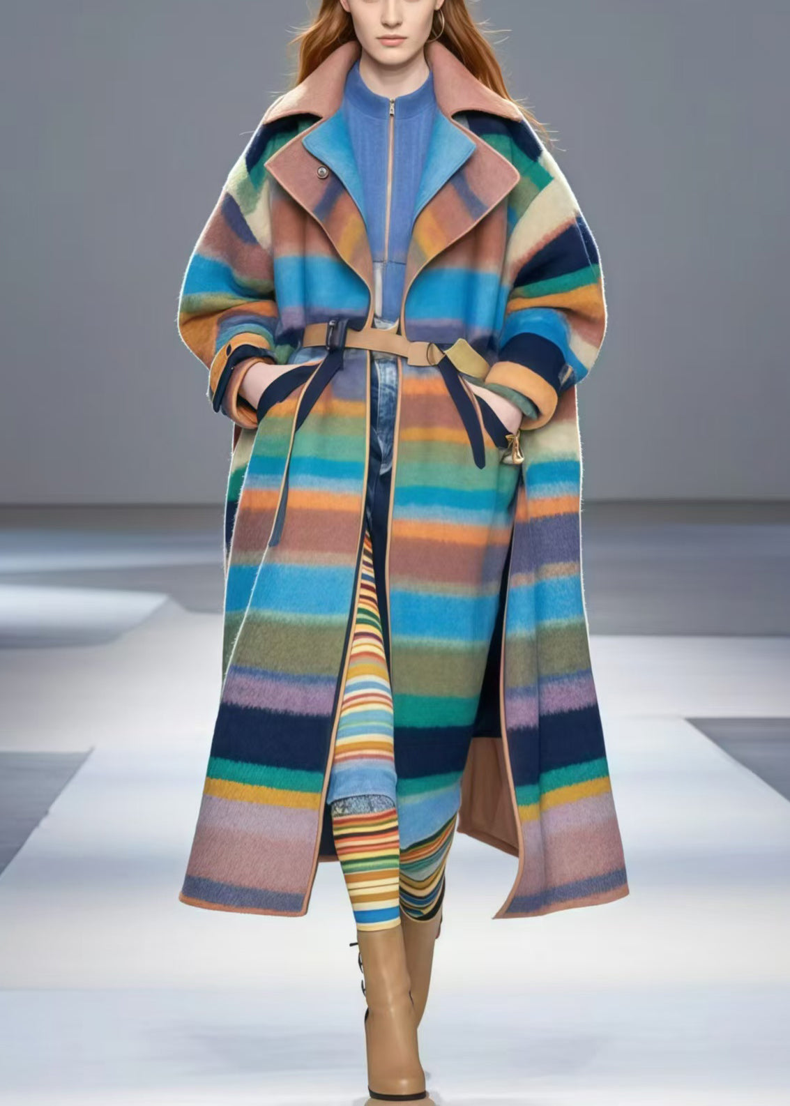 Colorblock Oversized Striped Woolen Trench Fall