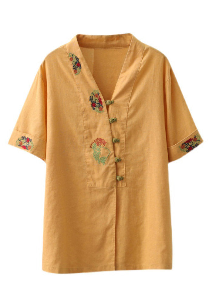 Yellow V Neck Embroidered Button Shirt Short Sleeve
