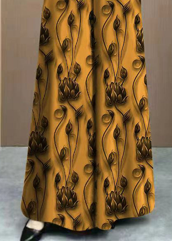 Loose Yellow Print Elastic Waist Ice Silk Pants Spring