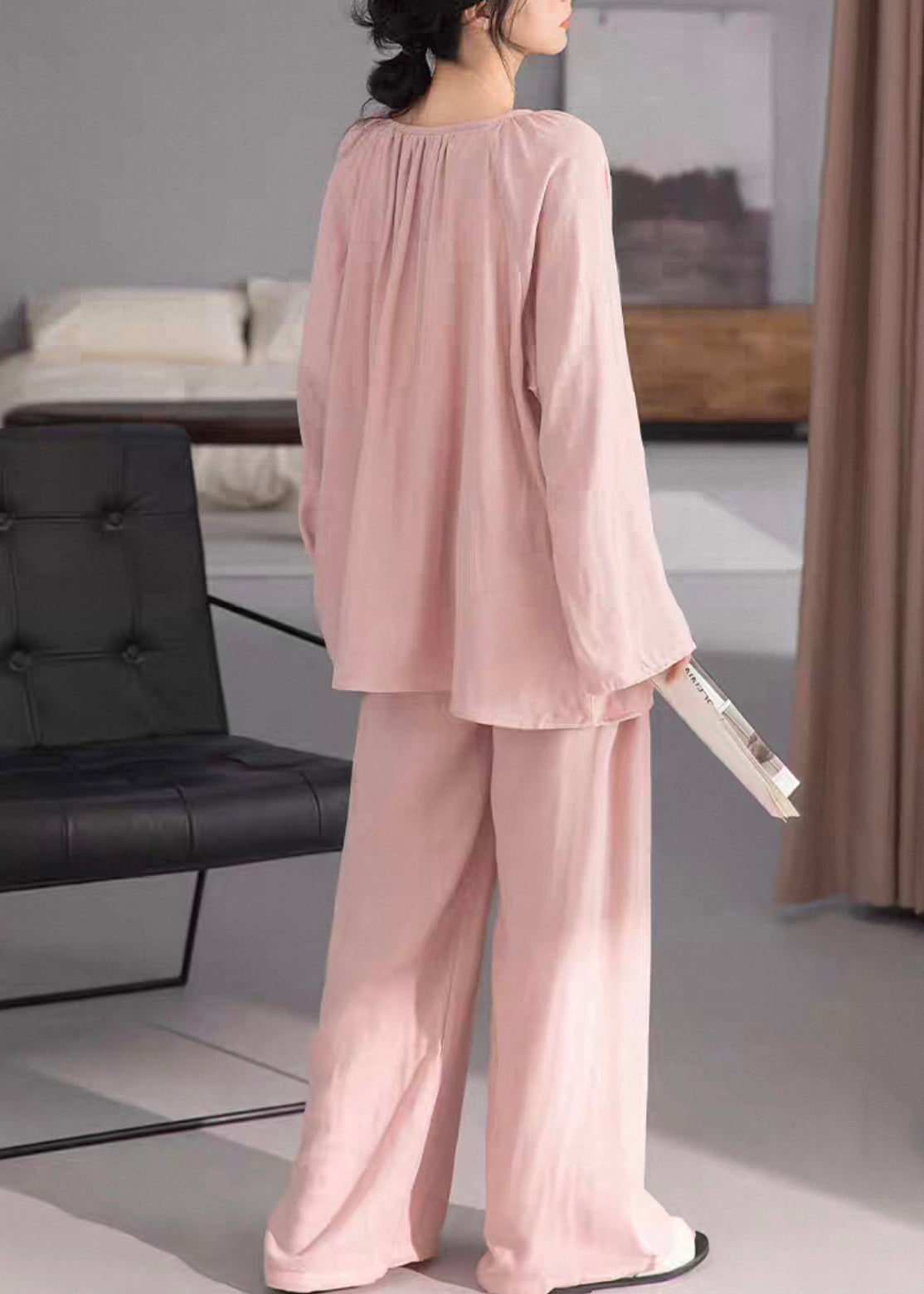 Loose Pink Wrinkled Cotton Pajamas Two-piece Set Fall