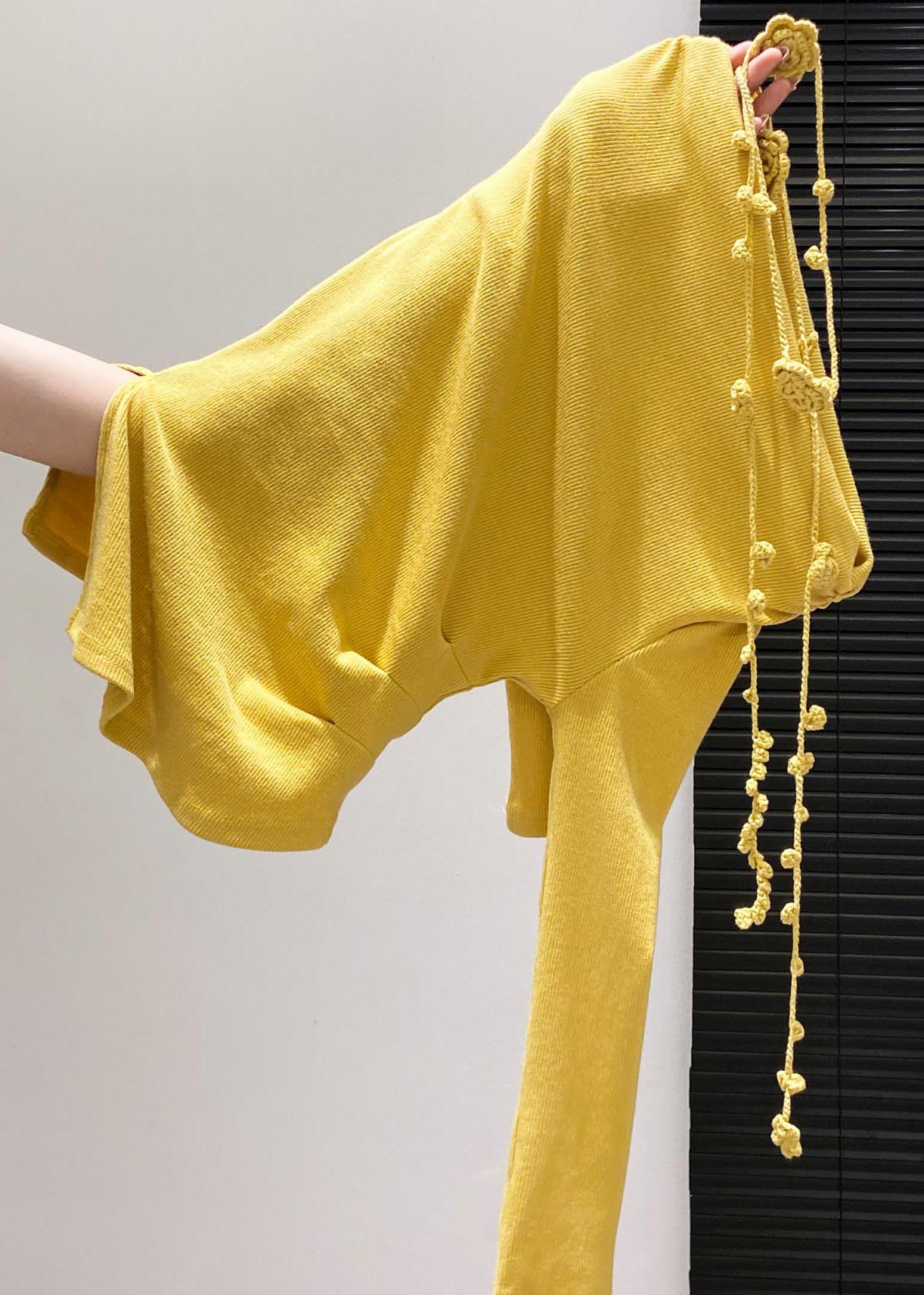 Handmade Yellow Asymmetrical Wrinkled Cotton Blouses Fall