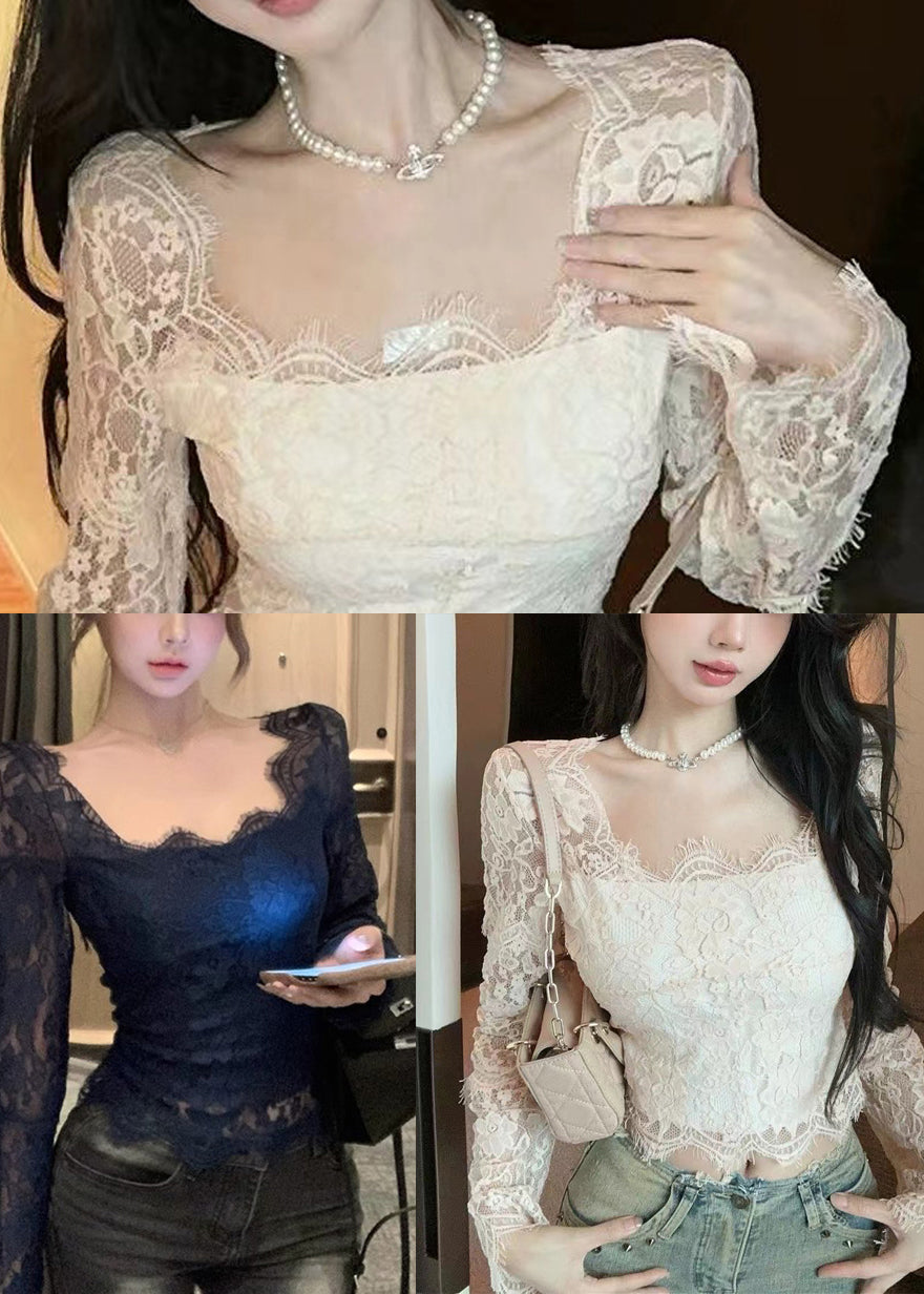 White Square Collar Silm Fit Lace Tops Spring