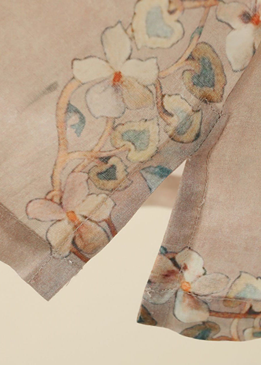 Apricot O-neck Print Oriental Button Side Open Linen Tops Half Sleeve