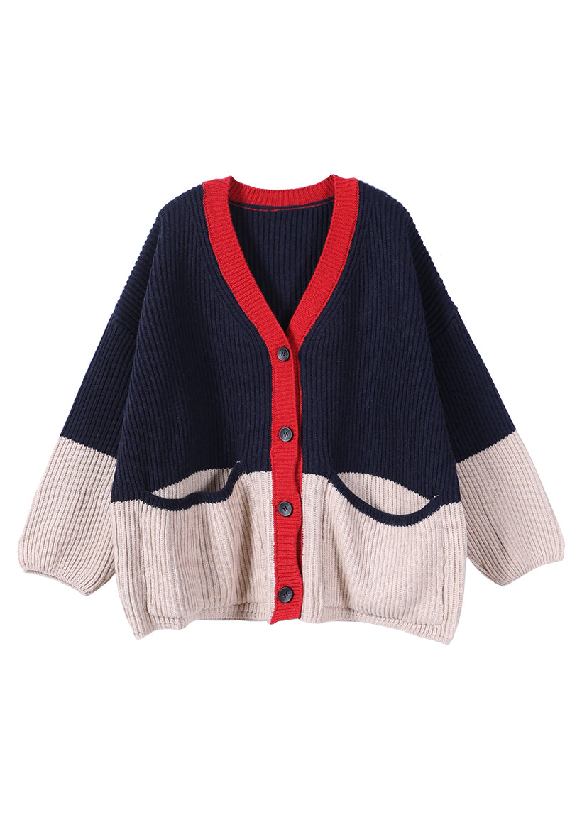 Navy V Neck Patchwork Button Thick Knit Sweaters Coats Fall