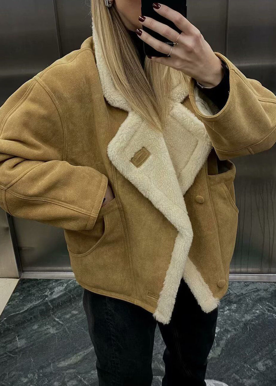 Khaki Peter Pan Collar Pockets Patchwork Fleece Wool Lined Coat Winter