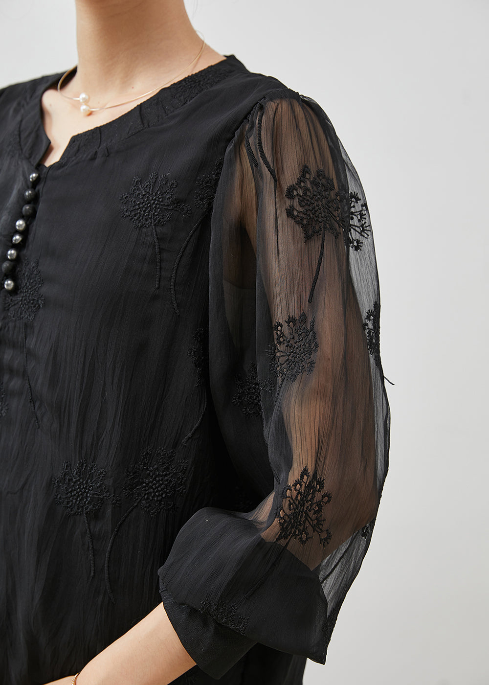 Black Embroidered Linen Silk Shirt Top Summer