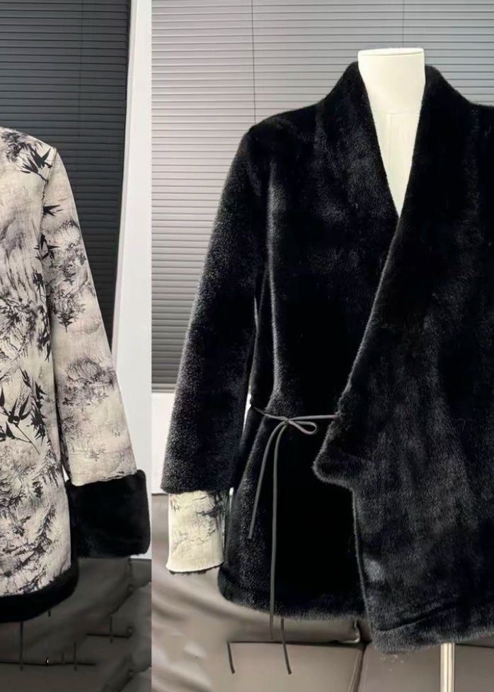 Style Black V Neck Tie Waist Patchwork Leather and Fur Coats Winter
