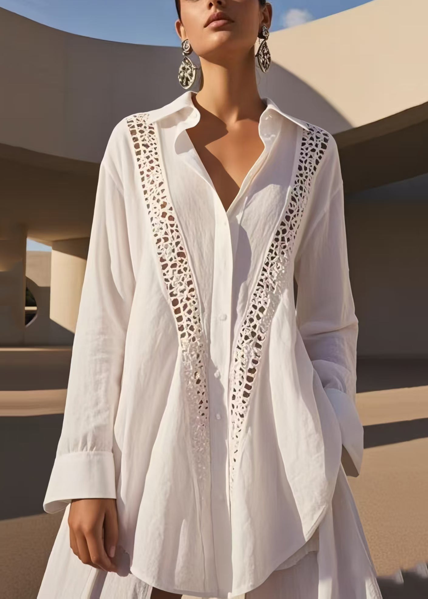 White Oversized Patchwork Hollow Out Cotton Shirts Spring