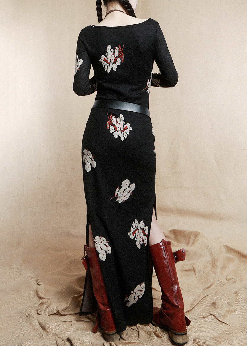 Black Beading Wear on Both Sides Cotton Dress Long Sleeve