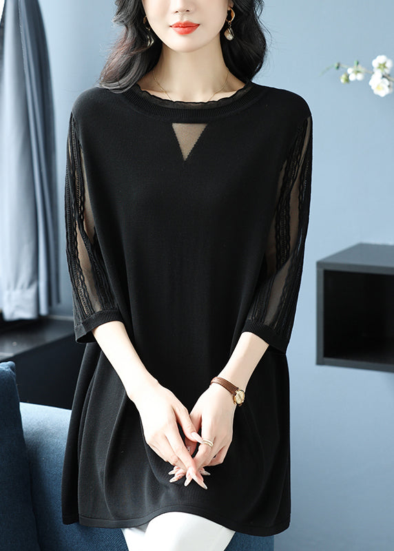 Green O Neck Patchwork Ice Silk Knitted Tops Half Sleeve