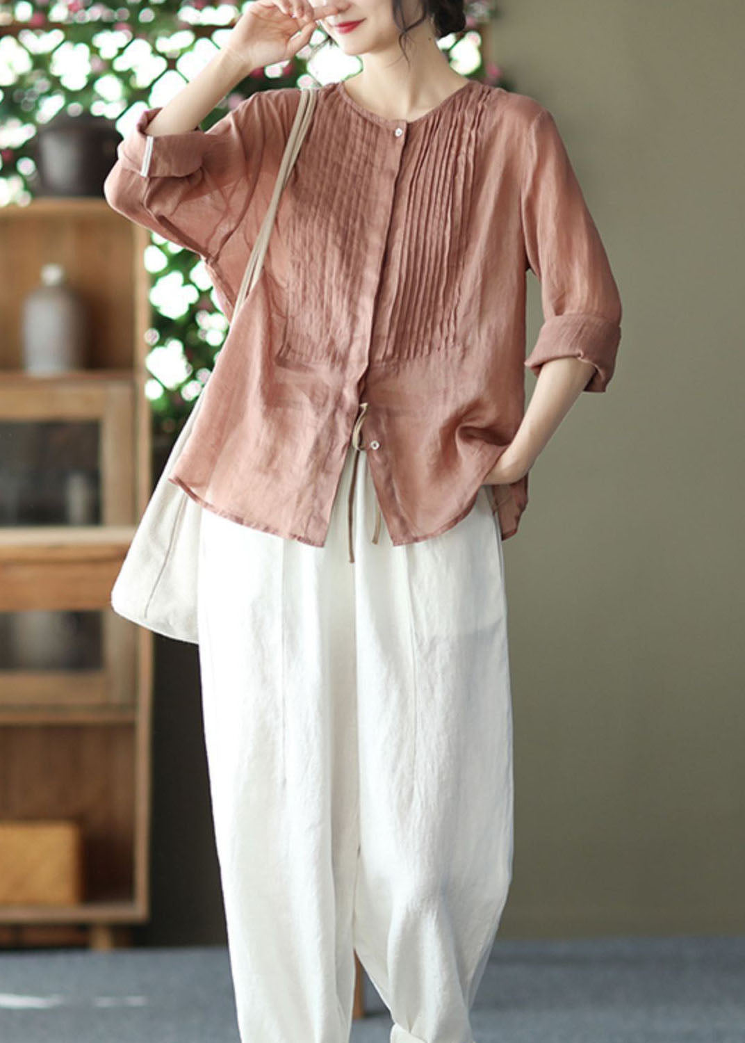 Pink O Neck Patchwork Wrinkled Linen Shirts Spring