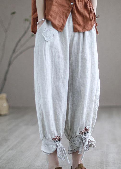 Beige Elastic Waist Harem Summer Pants Linen