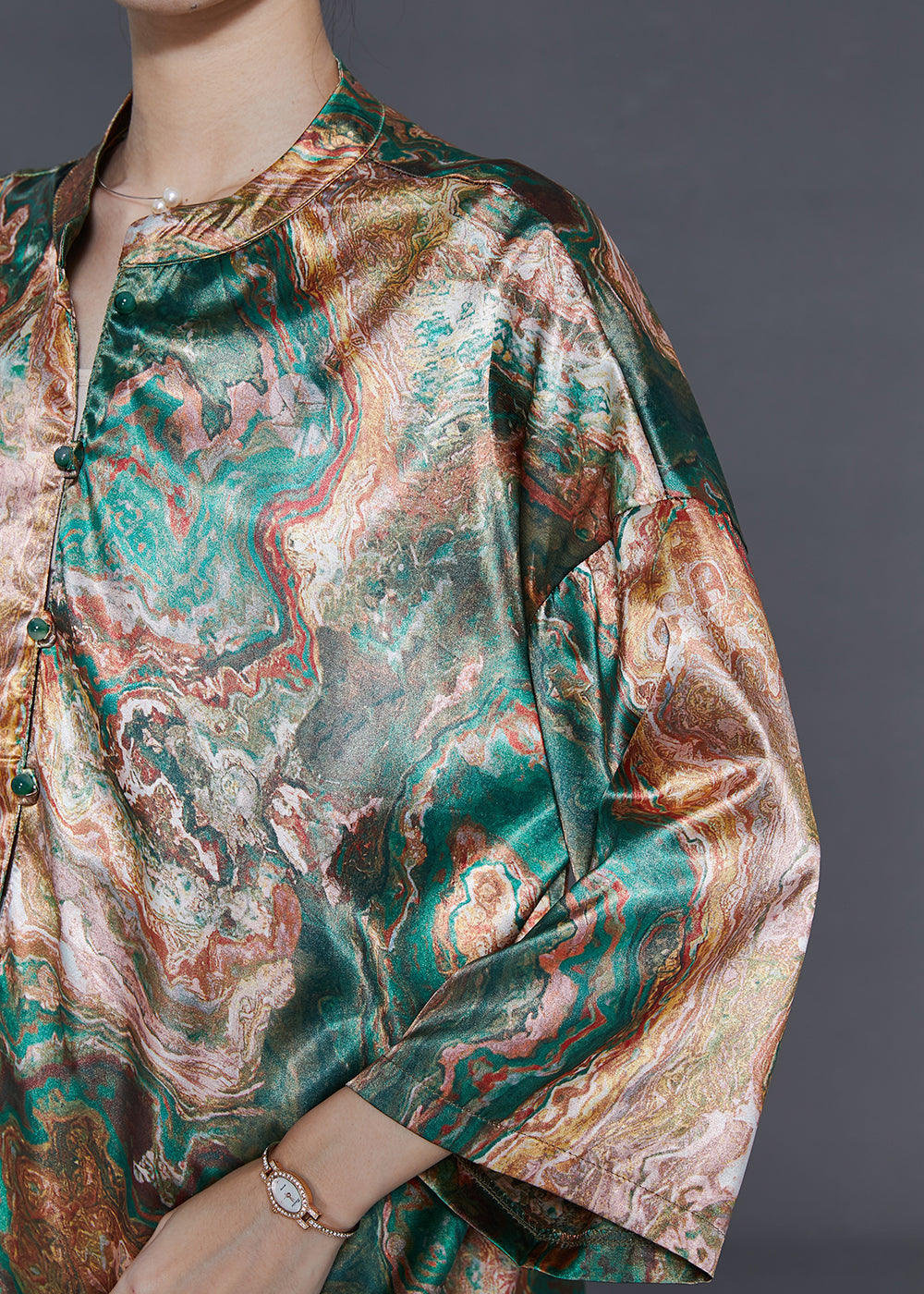 Stand Collar Print Silk Shirt Bracelet Sleeve