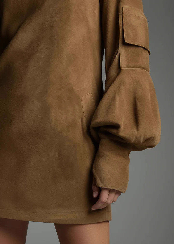 Fine Caramel Hign Neck Patchwork Faux Suede Mini Dress Fall