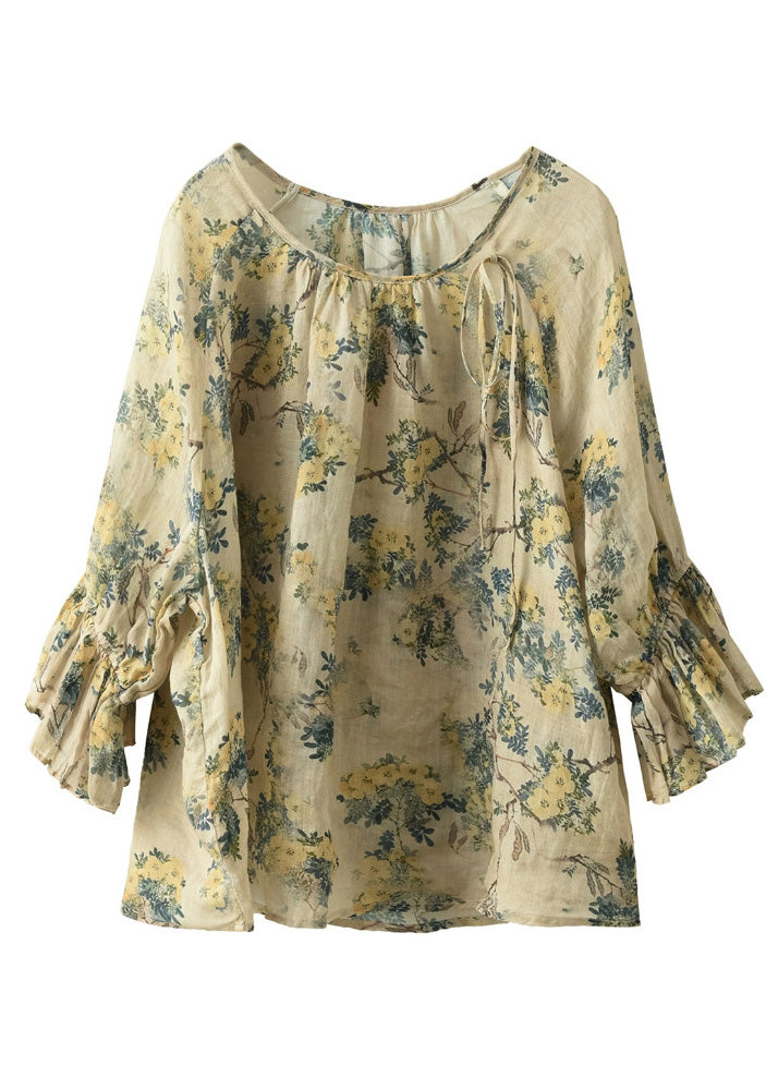 O-neck Print Tie Waist Ramie Shirts Flare Sleeve
