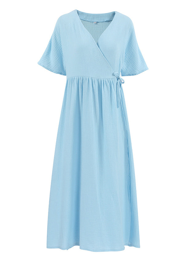 Handmade Cozy Blue V Neck Lace Up Patchwork Cotton Dress Summer