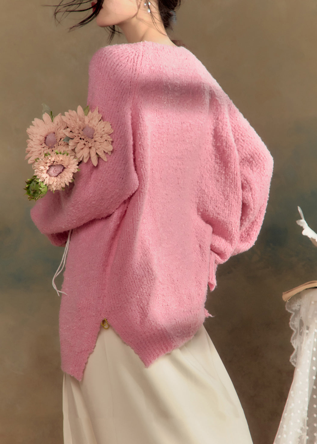 Pink O-neck Cotton Knit Sweaters Winter